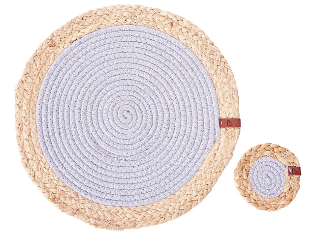 Set of 12 Placemats and Coasters Grey and Natural Jute and Cotton 35/10 cm Handmade Boho Style Home Decor Dining Room Kitchen Beliani