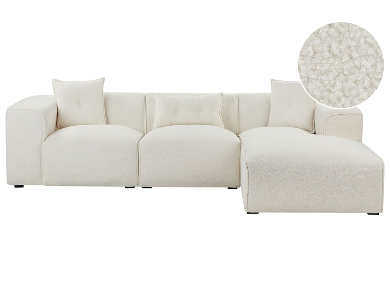 Corner Sofa Off-White Boucle 3 Seater Left Hand Extra Scatter Cushions Modern Living Room Beliani