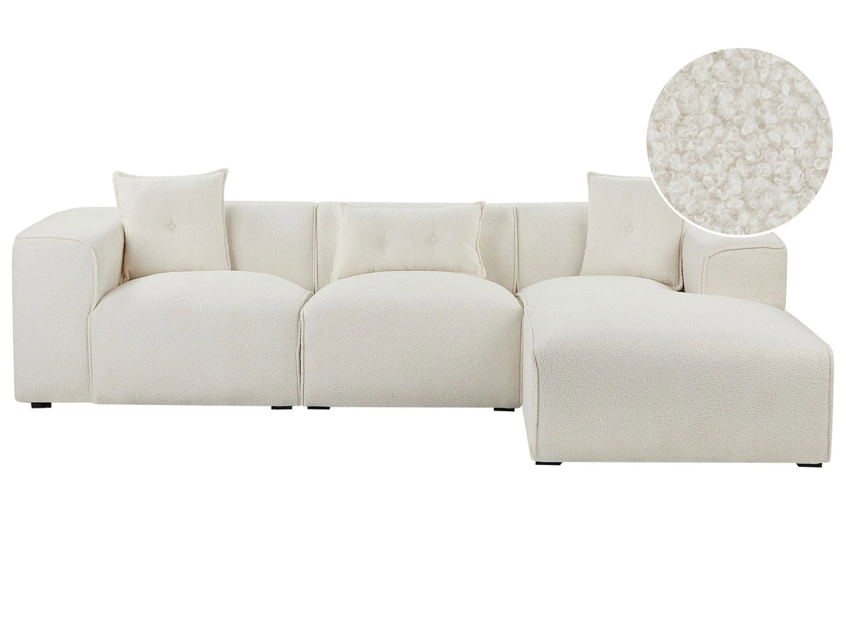 Left Hand Corner Sofa Off-White Boucle Upholstery 3 Seater Extra Scatter Cushions Modern Living Room Beliani
