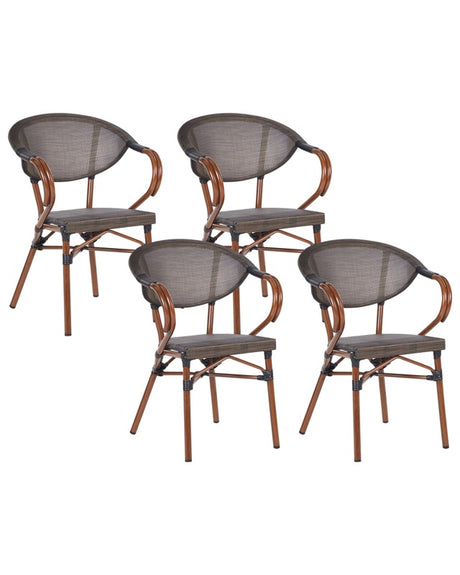 Set of 4 Garden Chairs Dark Wood Aluminium Frame Grey Textile Seat Stackable Beliani