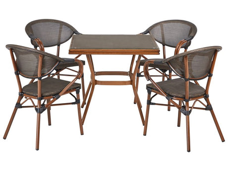 4 Seater Garden Dining Set Dark Wood Aluminium Frame Square Table and Grey Stacking Chairs Beliani