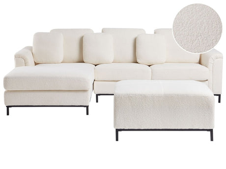 Corner Sofa White Boucle Upholstered with Ottoman L-shaped Right Hand Orientation Beliani