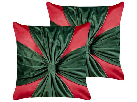 Set of 2 Scatter Cushions Red and Green Velvet Fabric Christmas Present Pattern 45 x 45 cm Decoration Accessory Beliani