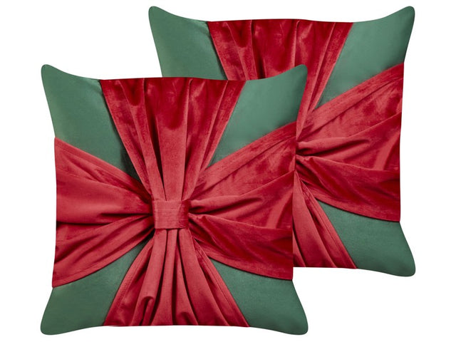 Set of 2 Scatter Cushions Green and Red Velvet Fabric Christmas Present Pattern 45 x 45 cm Decoration Accessory Beliani