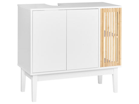 Washbasin Cabinet White and Light Wood  Bamboo MDF Pine Wood Legs Shelves Storage Bathroom Furniture Beliani