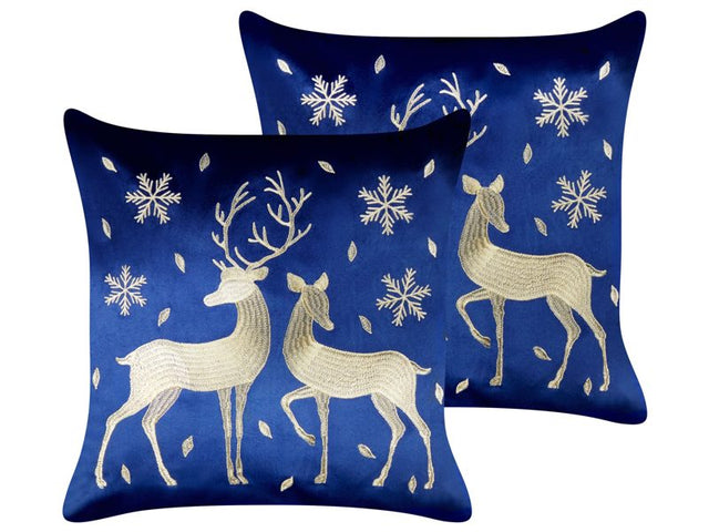 Set of 2 Scatter Cushions Blue Velvet Fabric Christmas Motif Deer Pattern 45 x 45 cm Decoration Accessory Beliani