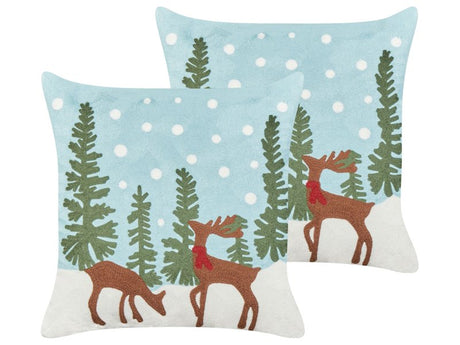 Set of 2 Scatter Cushions Light Blue Cotton Fabric Christmas Motif Deer Pattern 45 x 45 cm Decoration Accessory Beliani