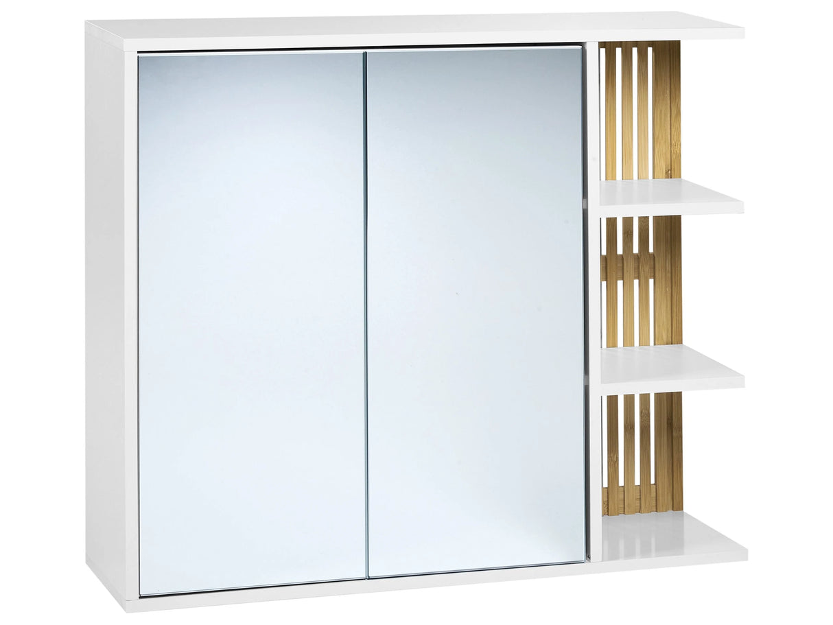 Bathroom Wall Mounted Mirror Cabinet White and Light Wood MDF Bamboo Shelves Storage Bathroom Furniture Beliani