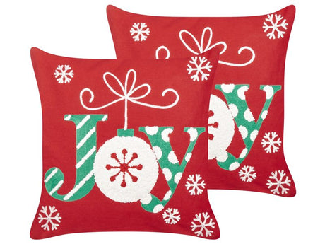 Set of 2 Scatter Cushions Red Cotton Fabric Christmas Motif 45 x 45 cm Decoration Accessory Beliani