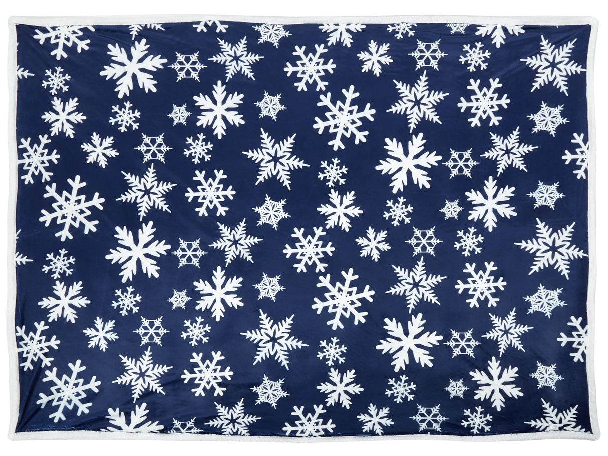 Blanket Throw Blue and White Flannel 150 x 200 cm Winter Fluffy Winter Seasonal Snowflake Pattern Beliani
