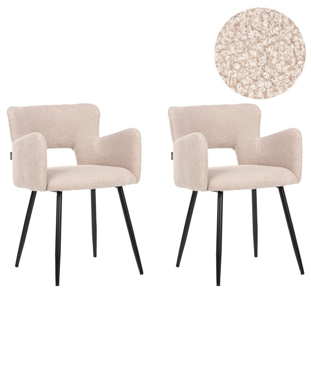 Set of 2 Chairs Dining Chair Beige Boucle with Armrests Cut-Out Backrest Black Metal Legs Beliani