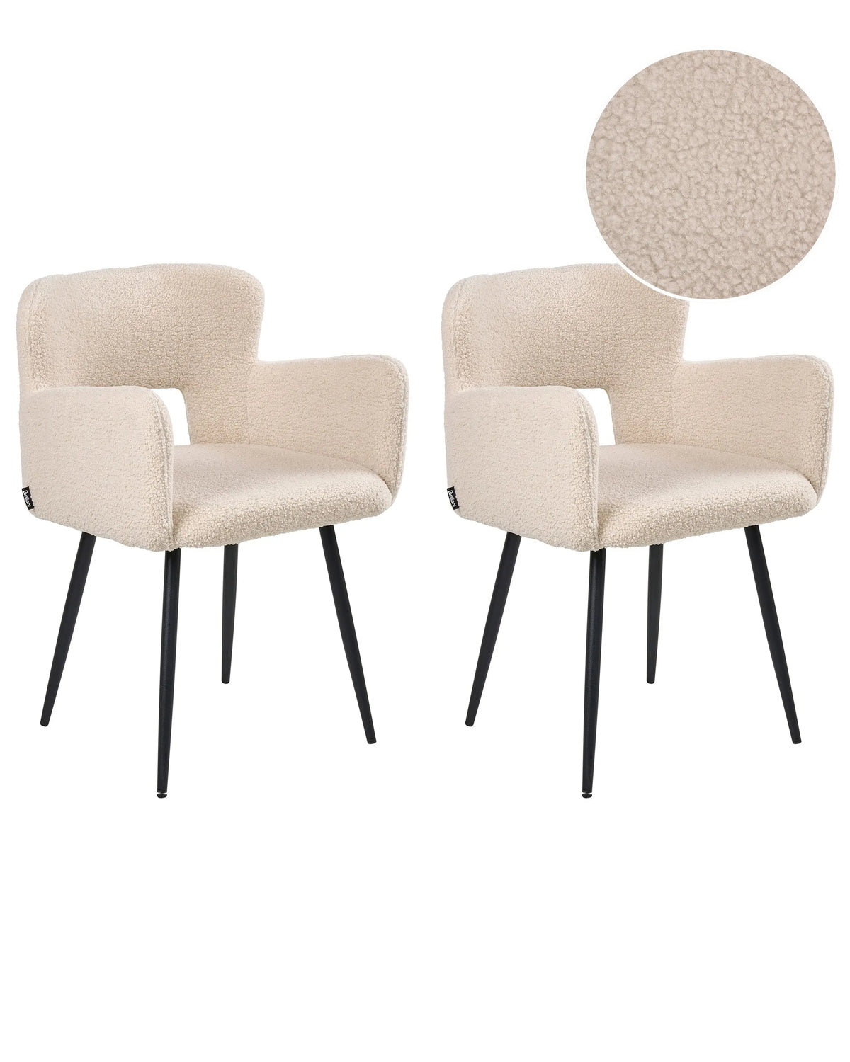 Set of 2 Chairs Dining Chair Beige Boucle with Armrests Cut-Out Backrest Black Metal Legs Beliani