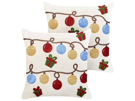 Set of 2 Scatter Cushions White Velvet Fabric Christmas Motif 45 x 45 cm Decoration Accessory Beliani