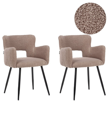 Set of 2 Chairs Dining Chair Brown Teddy Boucle with Armrests Cut-Out Backrest Black Metal Legs Beliani