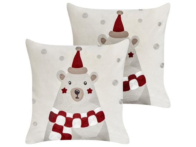 Set of 2 Scatter Cushions White Velvet Fabric Christmas Motif 45 x 45 cm Decoration Accessory Beliani