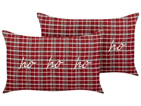 Set of 2 Scatter Cushions Red Polyester Fabric Christmas Caption Tartan Pattern 30 x 50 cm Decoration Accessory Beliani