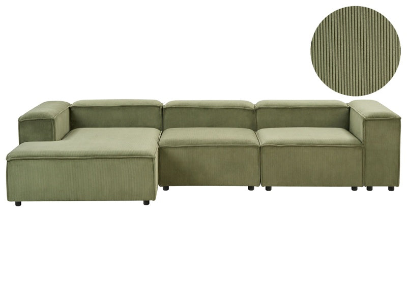 Modular Right Hand Sofa Green Cord 3 Seater Sectional Corner Sofa with Black Legs Modern Living Room Beliani