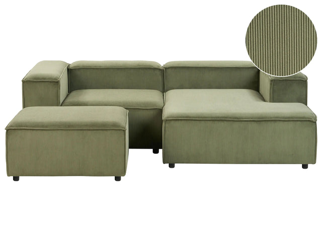 Modular Left Hand Sofa Green Cord 3 Seater Sectional Corner Sofa with Ottoman Black Legs Modern Living Room Beliani