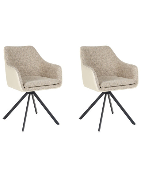 Set of 2 Chairs Beige Polyester and Faux Leather Metal Legs for Dining Room Beliani