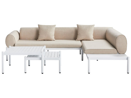 Garden Corner Sofa Set White Aluminium Frame with Beige Cushions 5 Seater Coffee Table and Side Table Beliani