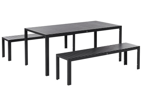 Garden Dining Set Black Outdoor 3 Piece Rectangular Table 2 Benches Brushed Aluminium Frame Beliani