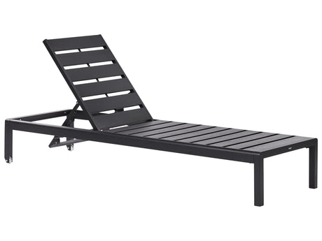 Garden Outdoor Lounger Black Plastic Wood Aluminium Frame Adjustable Reclining Backrest Beliani