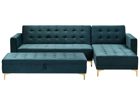 Corner Sofa Bed Teal Velvet Tufted Fabric Modern L-Shaped Modular 4 Seater with Storage Ottoman Left Hand Chaise Longue Beliani