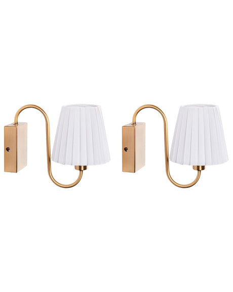 Set of 2 Wall Lamps White Fabric Shade Iron Metal Gold Base Glamour Style Living Room Office Bedroom Beliani