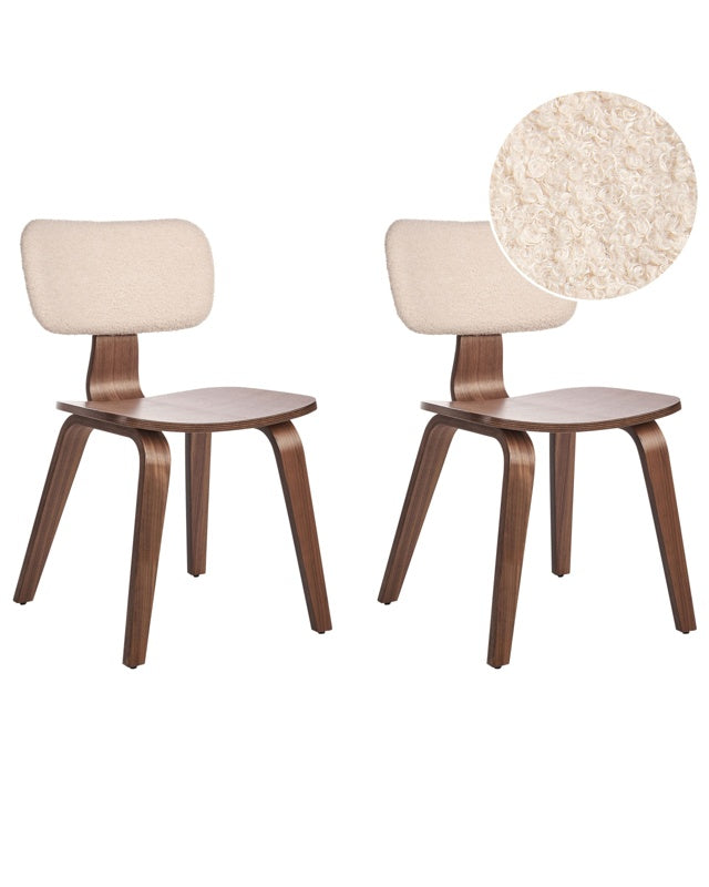 Set of 2 Dining Chairs Dark Wood and Beige Polyester Boucle Fabric Bendwood Legs Retro Traditional Style Beliani