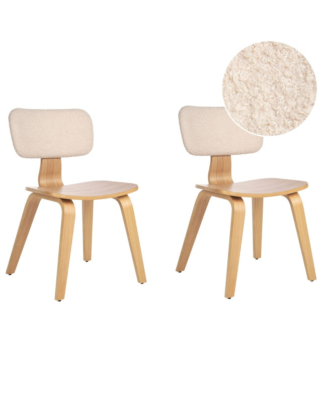 Set of 2 Dining Chairs Light Wood and Beige Polyester Boucle Fabric Bendwood Legs Retro Traditional Style Beliani