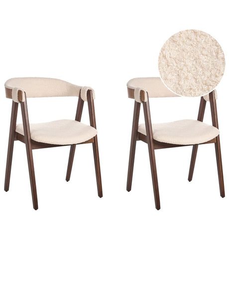 Set of 2 Dining Chairs Dark Wood and Beige Polyester Boucle Fabric Rubberwood Legs Retro Traditional Style Beliani