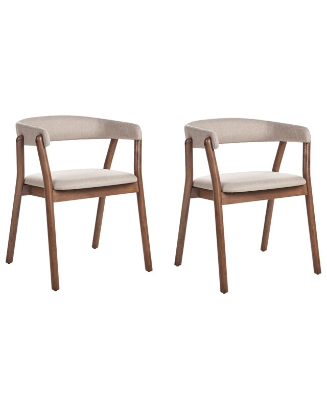 Set of 2 Dining Chairs Dark Wood and Beige Polyester Fabric Rubberwood Legs Retro Traditional Style Beliani