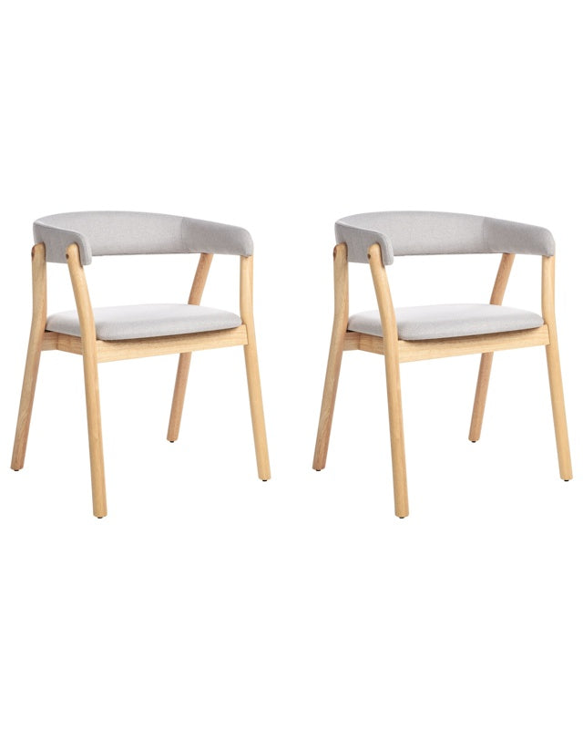 Set of 2 Dining Chairs Light Wood and Grey Polyester Fabric Rubberwood Legs Retro Traditional Style Beliani