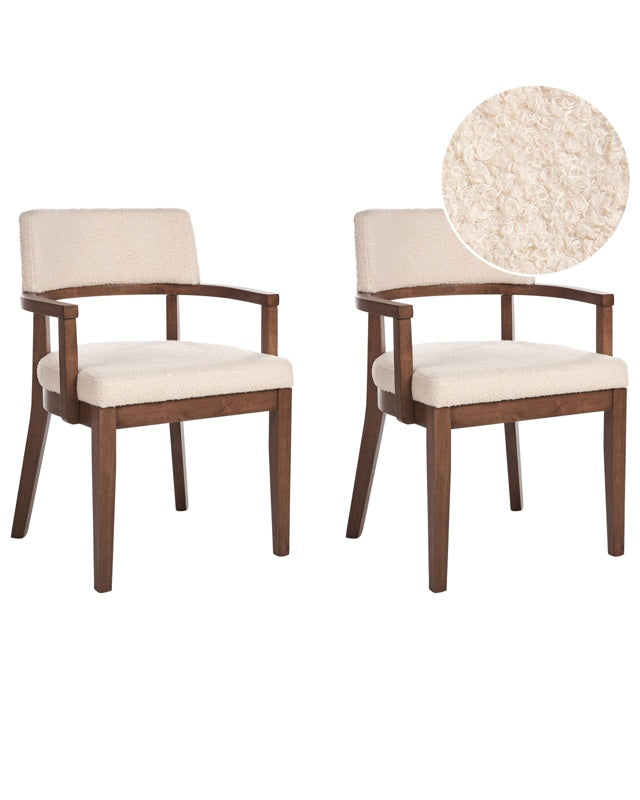 Set of 2 Dining Chairs Dark Wood and Beige Polyester Boucle Fabric Rubberwood Legs Retro Traditional Style Beliani