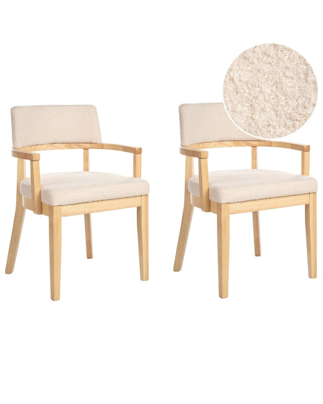 Set of 2 Dining Chairs Light Wood and Beige Polyester Boucle Fabric Rubberwood Legs Retro Traditional Style Beliani