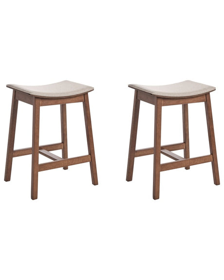 Set of 2 Bar Chairs Beige Rubberwood Polyester Upholstered Seat Dark Wood Beliani