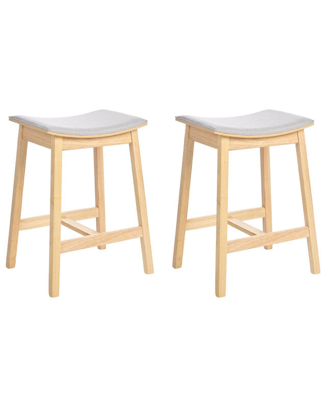 Set of 2 Bar Chairs Grey Rubberwood Polyester Upholstered Seat Light Wood Beliani