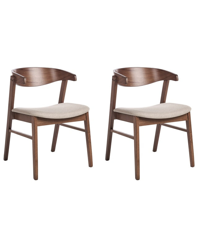 Set of 2 Dining Chairs Dark Wood and Beige Polyester Fabric Rubberwood Legs Retro Traditional Style Beliani