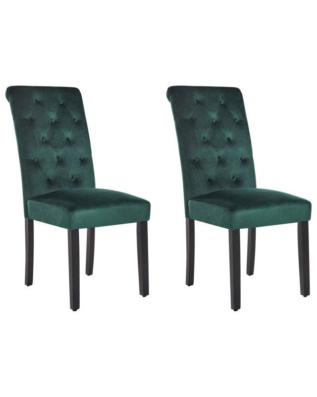 Set of 2 Dining Chairs Green Velvet Fabric Rubberwood Black Legs Button Tuft Dining Room Elegant Beliani