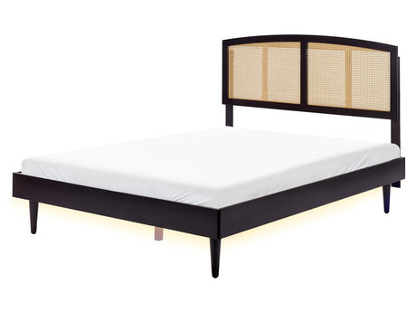 Bed Black Rubber Wood EU King Size 5ft3 with Headboard with LED Slatted Base Minimalistic Rustic Style Beliani