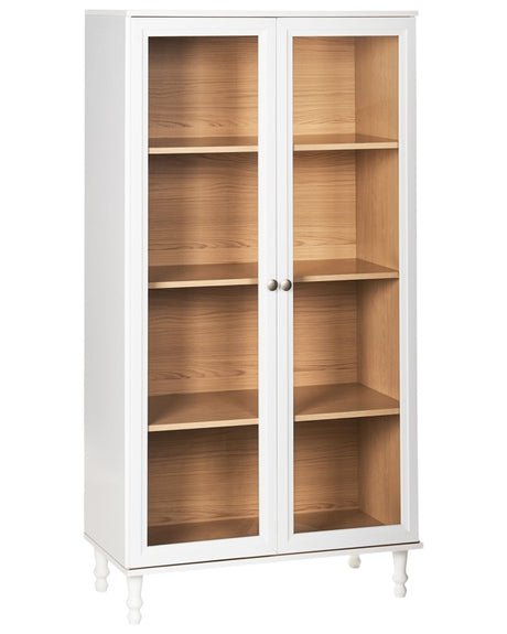 Decorative Cabinet White with Light Wood Engineered Wood with a Glass Display Classic Scandinavian High Board Dining Room Living Room Beliani