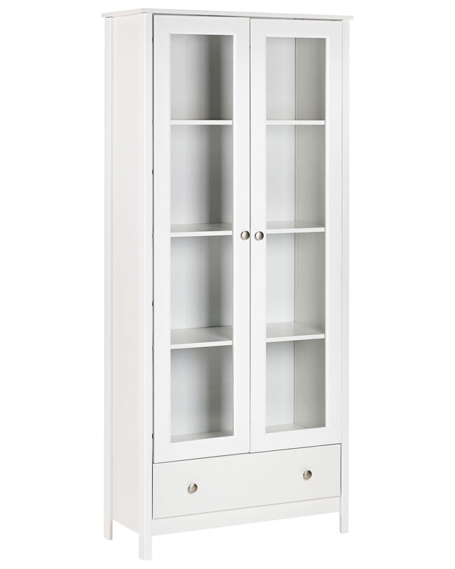 Decorative Cabinet White Engineered Wood with a Glass Display Drawer Classic Scandinavian High Board Dining Room Living Room Beliani