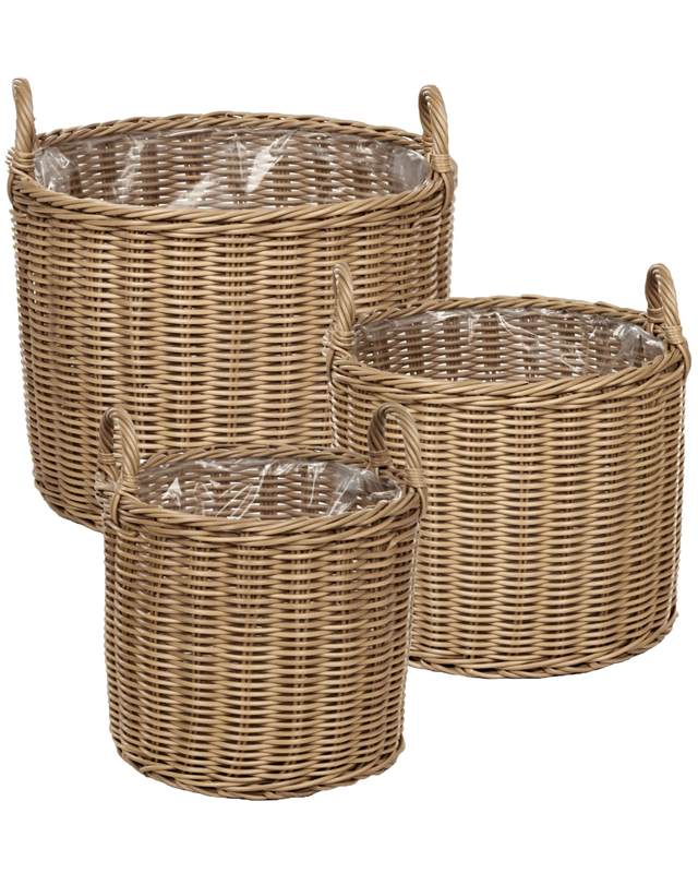 Set of 3 Plant Baskets Natural Brown PE Rattan Round with Handles Synthetic Inlay Beliani