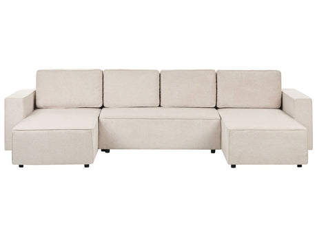 4 Seater U-Shaped Sofa Light Beige Polyester Fabric Upholstery Sleeping Function Storage Beliani