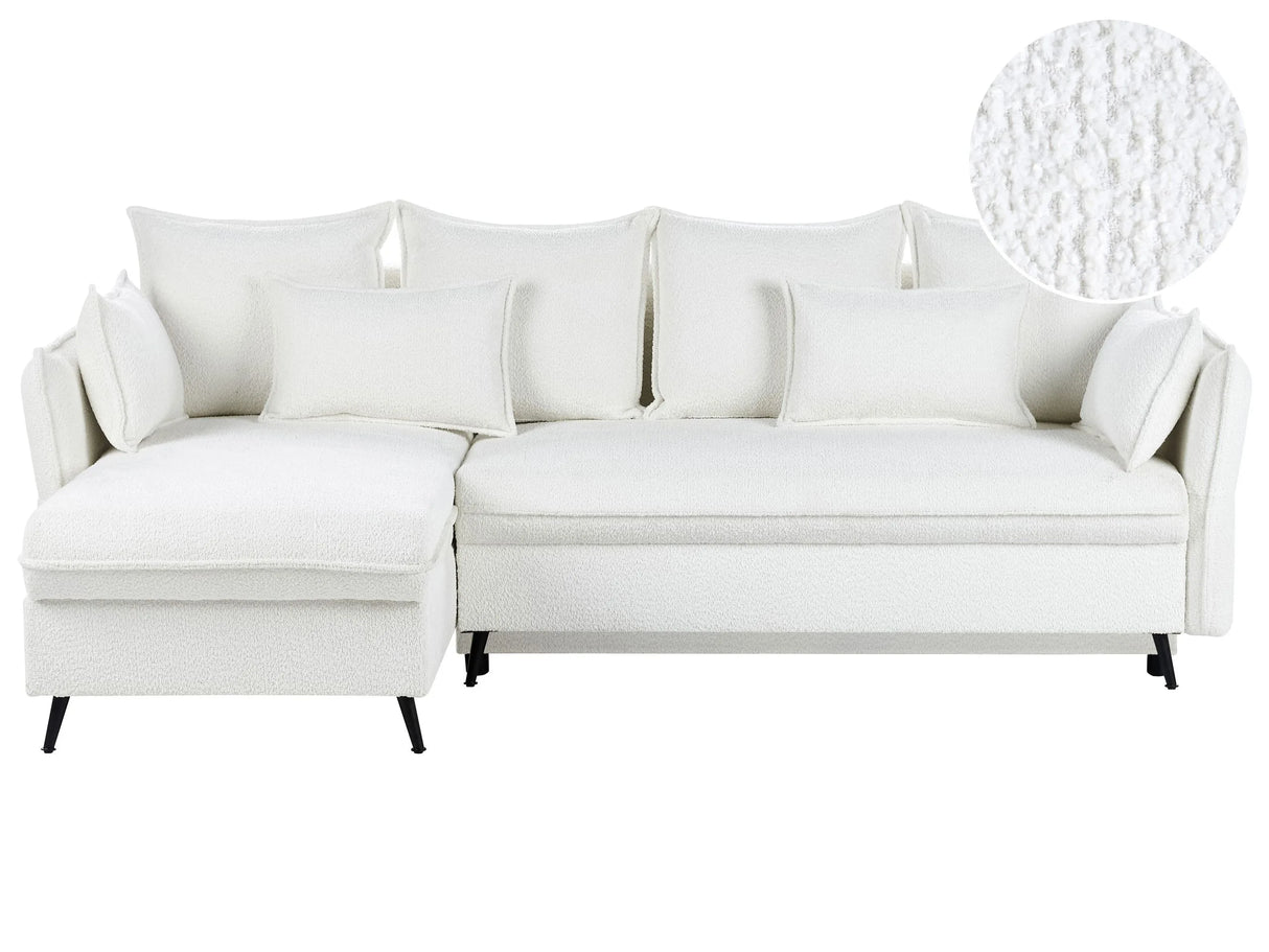 Corner Sofa Bed Off-White Boucle Fabric Upholstered Right Hand Orientation with Storage Modern Design Beliani