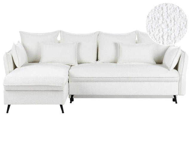 Corner Sofa Bed Off-White Boucle Fabric Upholstered Right Hand Orientation with Storage Modern Design Beliani