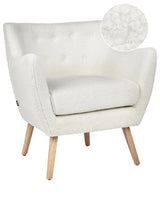 Armchair White Boucle Button Back Rubberwood Legs Modern Beliani