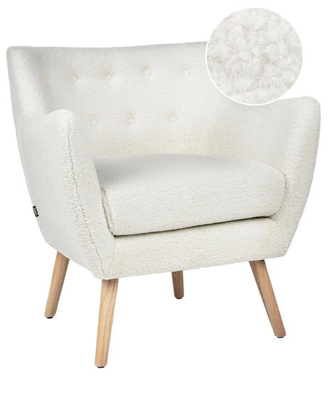 Armchair White Boucle Button Back Rubberwood Legs Modern Beliani