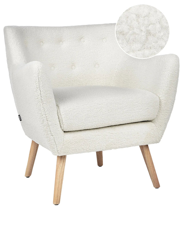 Armchair White Boucle Button Back Rubberwood Legs Modern Beliani