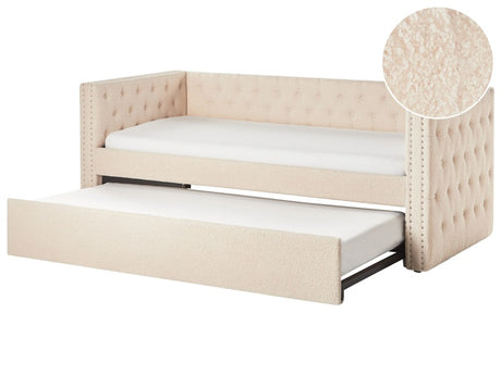 Trundle Bed Frame Beige EU Boucle Single Size 3ft Slatted Frame Buttoned Nailhead Trims Glam Beliani